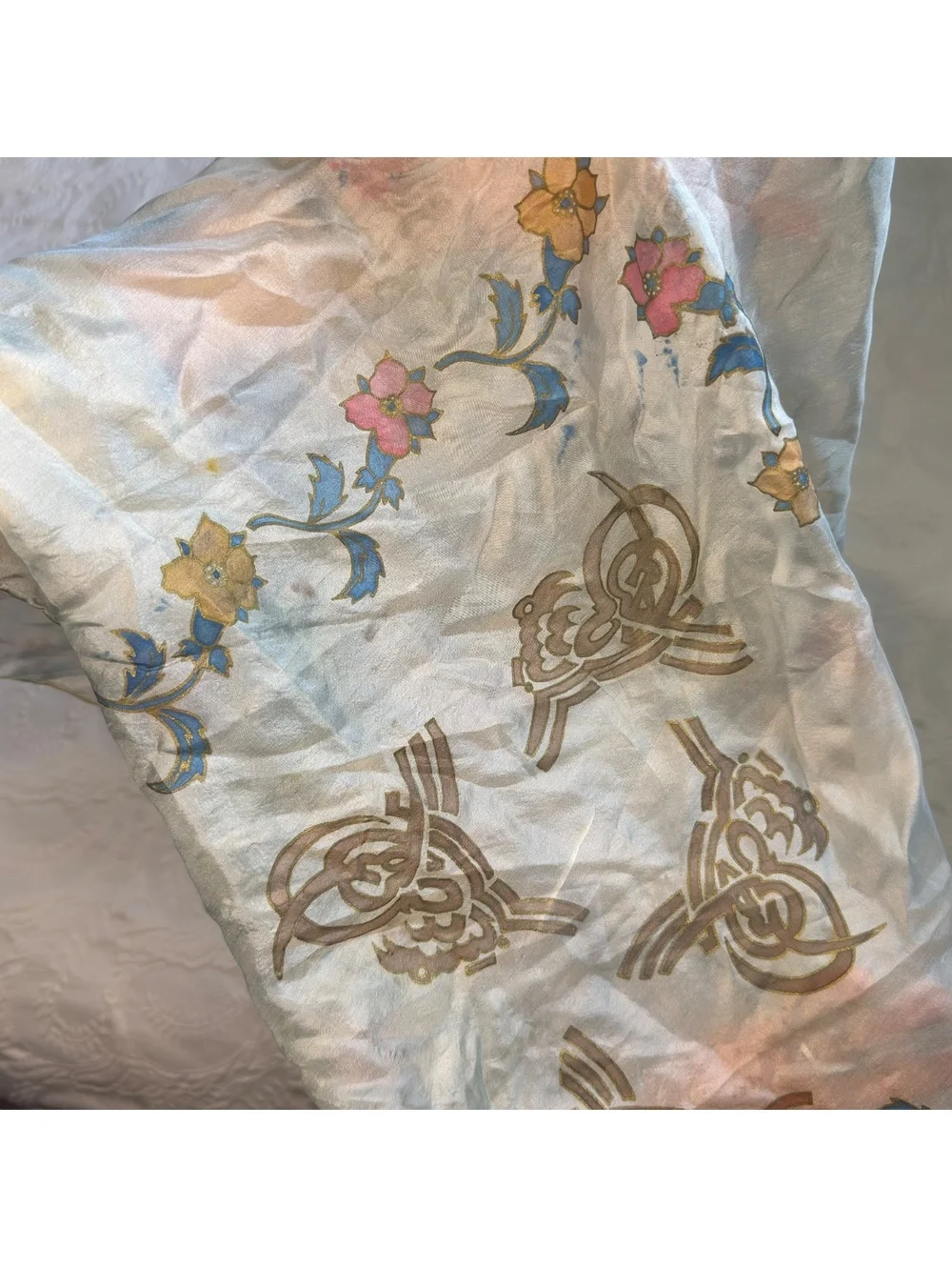 Vintage Silk Scarf 34x34 Hand Painted Style Floral Bird Motif Square Scarf